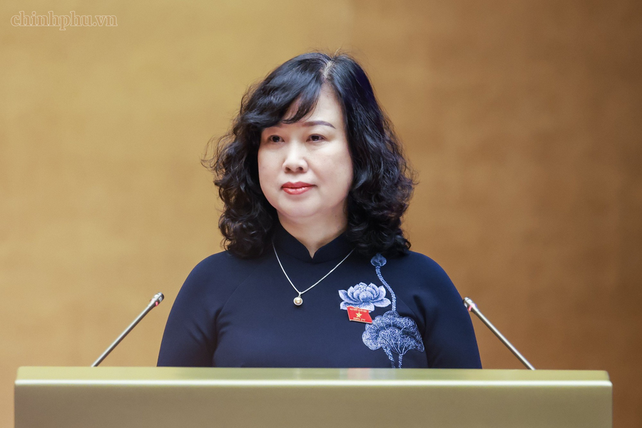 Bộ trưởng Bộ Y tế Đào Hồng Lan đã trình bày Tờ trình về Dự án Luật Sửa đổi, bổ sung một số điều của Luật Phòng, chống tác hại của thuốc lá. Ảnh: VGP