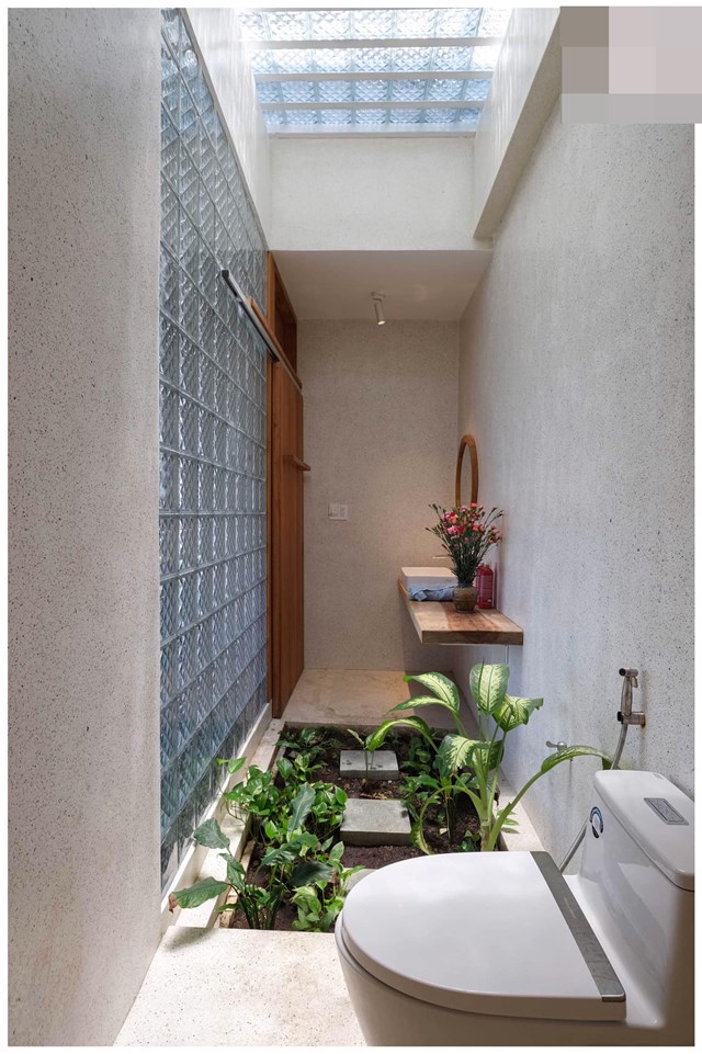 Khu vực kh&ocirc; v&agrave; ướt của ph&ograve;ng vệ sinh được chia t&aacute;ch bởi một vườn c&acirc;y nhỏ.