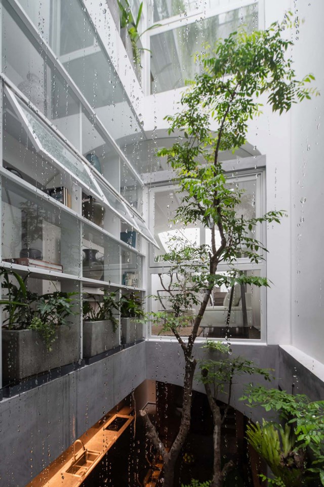 Từ hệ cửa k&iacute;nh trong suốt nh&igrave;n ra khoảng th&ocirc;ng giếng trời, c&aacute;c th&agrave;nh vi&ecirc;n trong gia đ&igrave;nh c&oacute; thể ngắm được những giọt mưa m&aacute;t lạnh v&agrave; &aacute;nh s&aacute;ng &ecirc;m dịu trong buổi ho&agrave;ng h&ocirc;n.&nbsp;Ngo&agrave;i ra, vật liệu k&iacute;nh bao quanh giếng trời cũng g&oacute;p phần l&agrave;m điểm th&ecirc;m n&eacute;t đẹp cho ng&ocirc;i nh&agrave;, l&agrave;m mềm kh&ocirc;ng gian sống v&agrave; tăng sự kết nối của người sử dụng b&ecirc;n trong đối với c&aacute;c yếu tố tự nhi&ecirc;n.