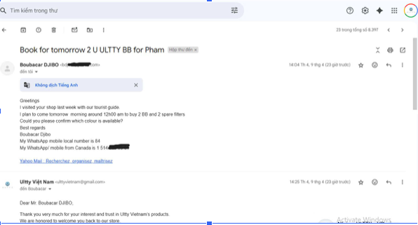 Email từ ông Boubacar Djibo đặt lịch hẹn trải nghiệm ULTTY BB tại showroom, mở đầu cho hành trình kết nối vượt khoảng cách địa lý.