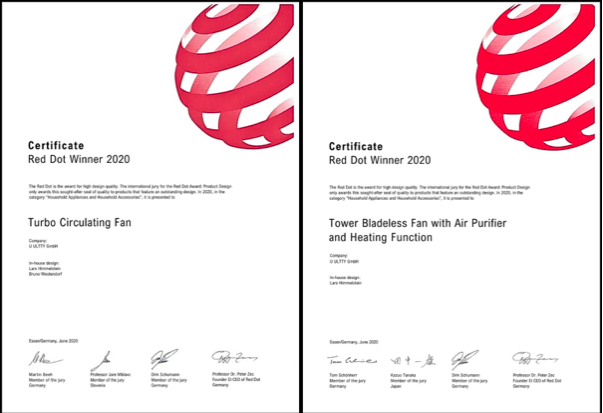 Quạt ULTTY BB đạt giải thưởng Reddot danh giá của nước Đức về thiết kế và công nghệ.