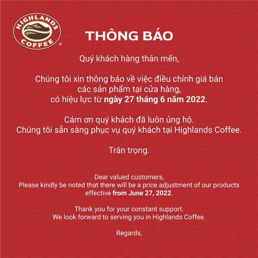 Chuỗi cà phê Highlands Coffee thông báo tăng giá đồ uống, có sản phẩm tăng tới 18%  - Ảnh 1