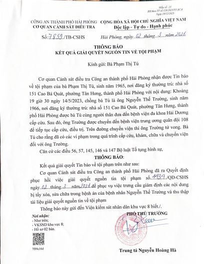 Thông báo phục hồi nguồn tin tố giác tội phạm của Công an TP Hải Phòng gửi cho bà Phạm Thị Tú. Ảnh. bà Tú cung cấp. Thông báo phục hồi nguồn tin tố giác tội phạm của Công an TP Hải Phòng gửi cho bà Phạm Thị Tú. Ảnh. bà Tú cung cấp.