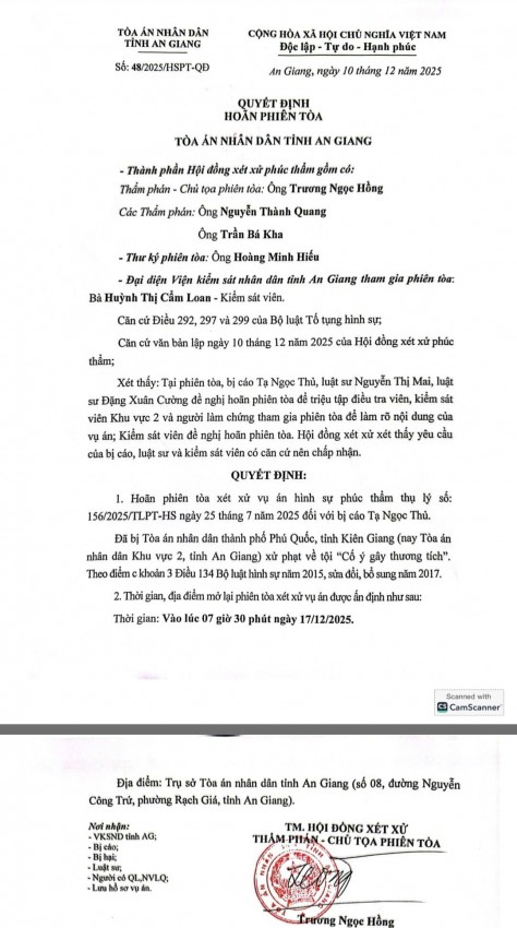 Quyết định hoãn phiên toà của TAND tỉnh An Giang để triệu tập điều tra viên, kiểm sát viên, người làm chứng để làm sáng tỏ sự thật khách quan của vụ án. Quyết định hoãn phiên toà của TAND tỉnh An Giang để triệu tập điều tra viên, kiểm sát viên, người làm chứng để làm sáng tỏ sự thật khách quan của vụ án.