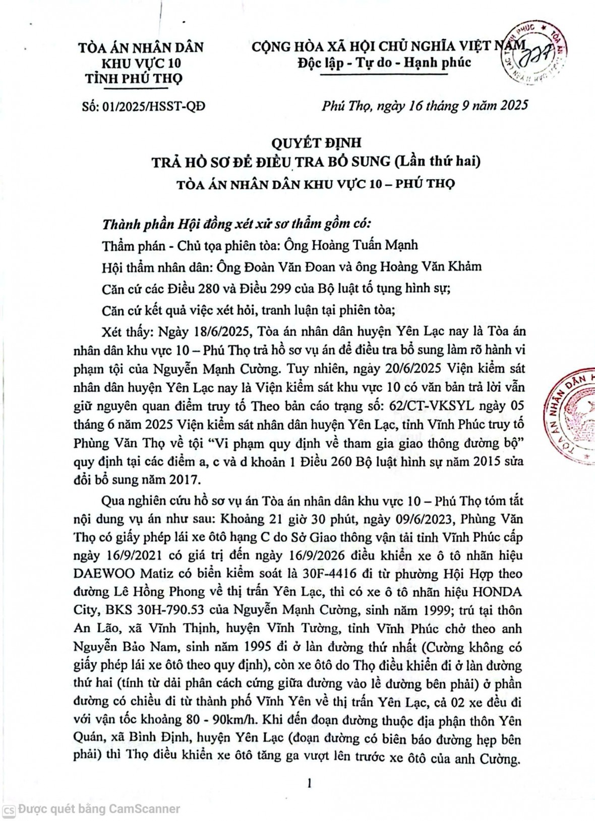 Quyết định trả hồ sơ để điều tra bổ sung lần hai của TAND Khu vực 10 tỉnh Phú Thọ. Quyết định trả hồ sơ để điều tra bổ sung lần hai của TAND Khu vực 10 tỉnh Phú Thọ.
