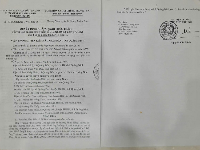Kháng nghị toàn bộ Bản án sơ thẩm xét xử vụ án dân sự tranh chấp đất đai tại Quảng Ninh