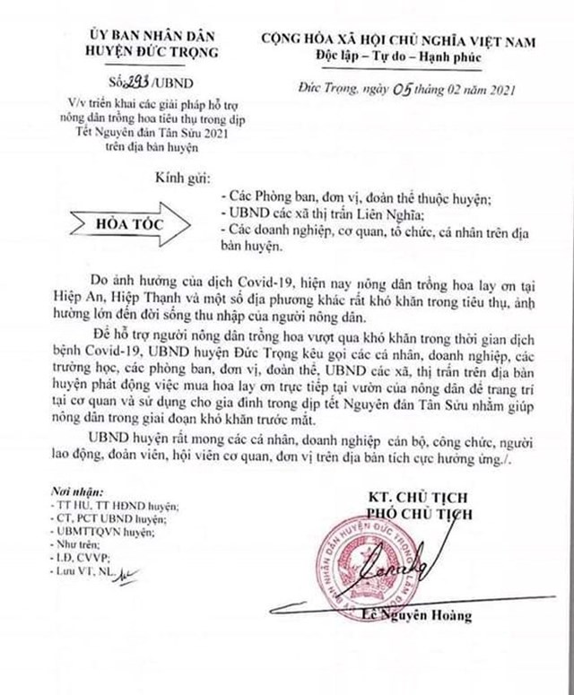 Văn bản của UBND H. Đức Trọng k&ecirc;u gọi 
