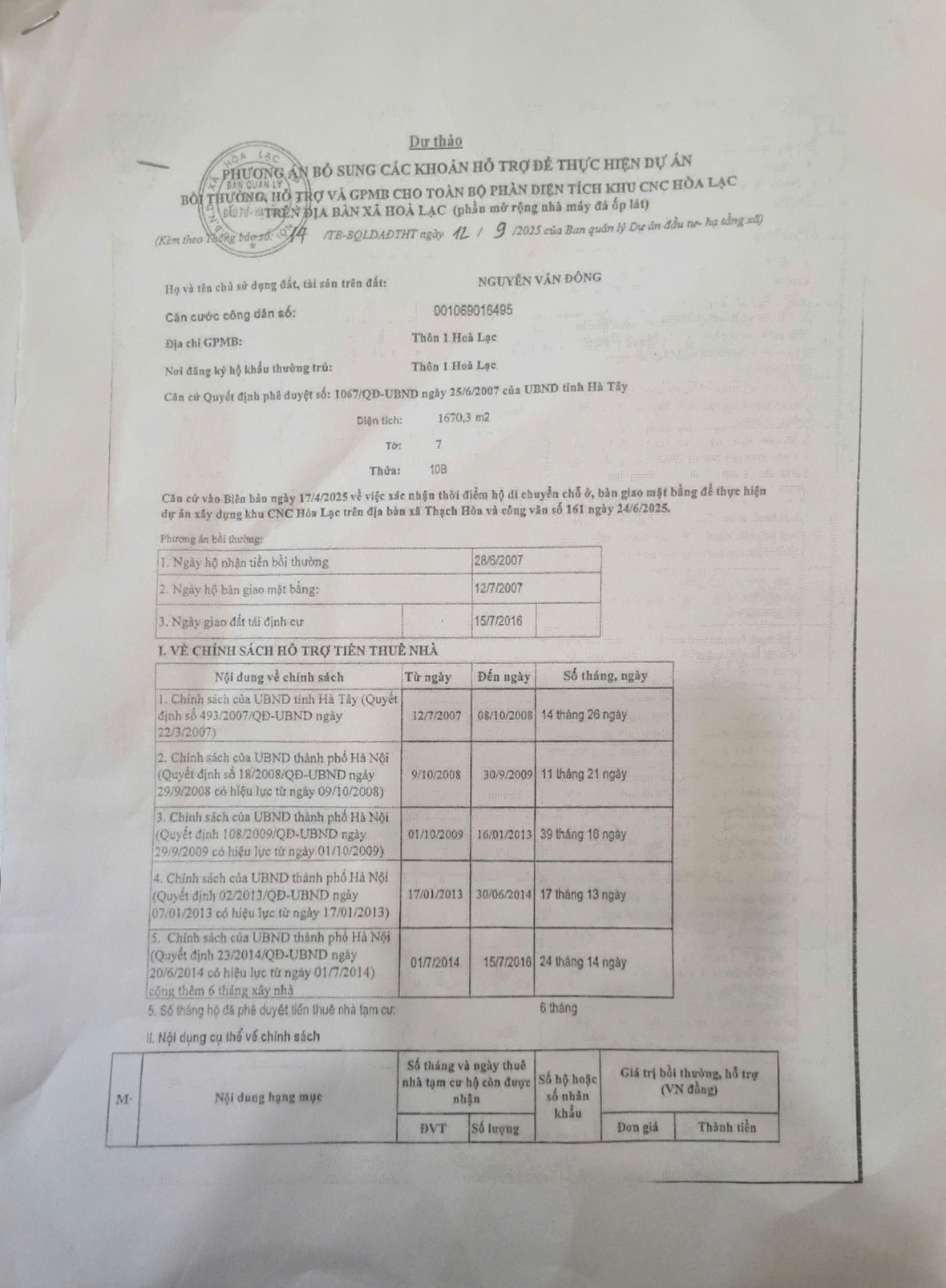 Các chính sách hỗ trợ tiền thuê nhà cho các hộ thuộc diện bị thu hồi đất để làm dự án 